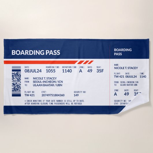 Boarding Pass - Blue & Red Strandtuch (Vorderseite)