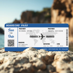Boarding Pass Blue World Map Hochzeit in Urlaubsor Save The Date