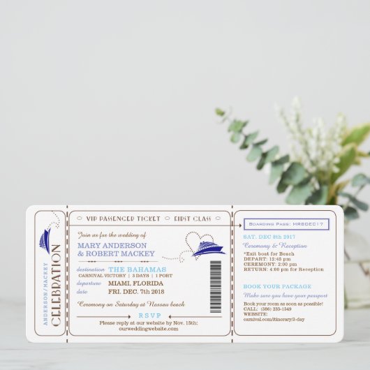Boarding Pass Cruise Ticket Wedding Invitation Einladung (Stehend Vorderseite)