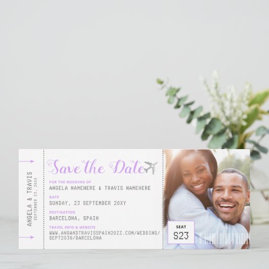 Boarding Pass Destination Lilac Save the Date (Stehend Vorderseite)