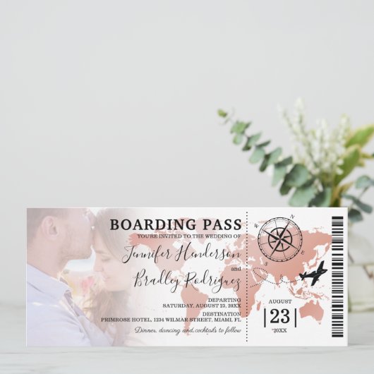 Boarding Pass Destination World Map Wedding Einladung (Stehend Vorderseite)