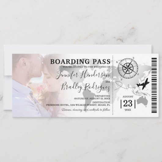 Boarding Pass Destination World Map Wedding Einladung (Vorderseite)