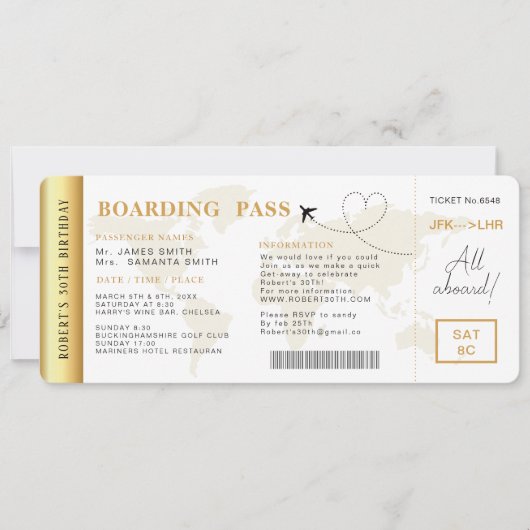 Boarding Pass Flight Ticket Geburtstagsparty Einladung (Vorderseite)