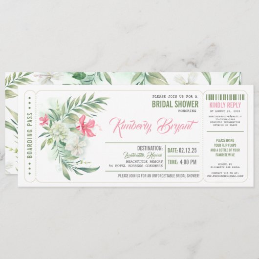Boarding Pass | Floral Beach Brautparty Ticket Einladung (Vorne/Hinten)