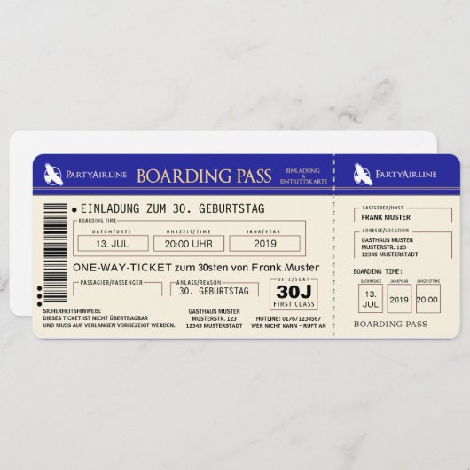 BOARDING PASS Flugticket Einladungskarte (blau) Einladung (Vorne/Hinten)