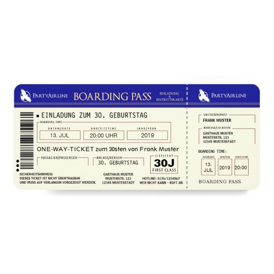 Boarding Pass Flugticket Einladungskarte Blau Einladung Zazzle De