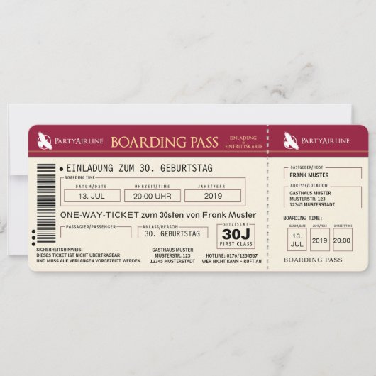 BOARDING PASS Flugticket Einladungskarte (rot) Einladung (Vorderseite)