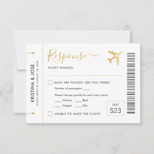 Boarding Pass Flugzeug Ticket Gold Zielort RSVP Karte (Vorderseite)