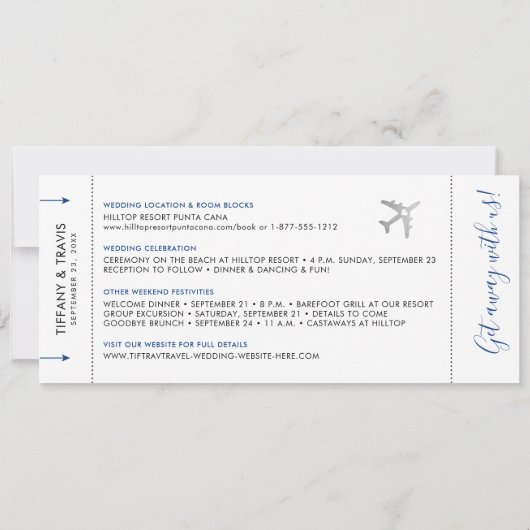 Boarding Pass Flugzeug Ticket Hochzeit in Urlaubso Einladung (Rückseite)