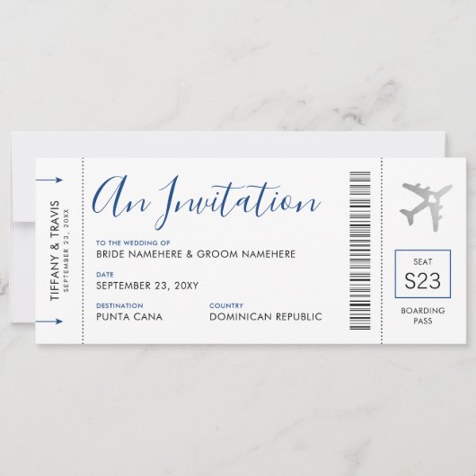 Boarding Pass Flugzeug Ticket Hochzeit in Urlaubso Einladung (Vorderseite)