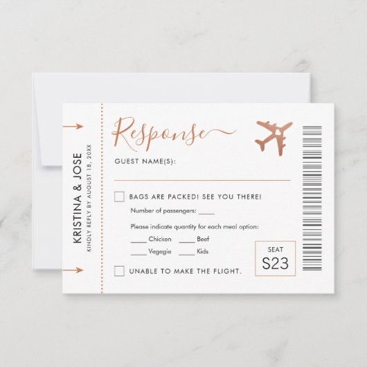 Boarding Pass Flugzeug Ticket Kupfer Reisethema RSVP Karte (Vorderseite)