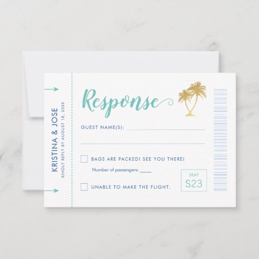 Boarding Pass Flugzeug Ticket Tropical Palm Beach RSVP Karte (Vorderseite)