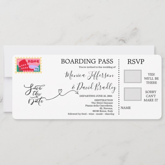 Boarding Pass für Hochzeiten in Rom, Italien Einladung (Vorderseite)
