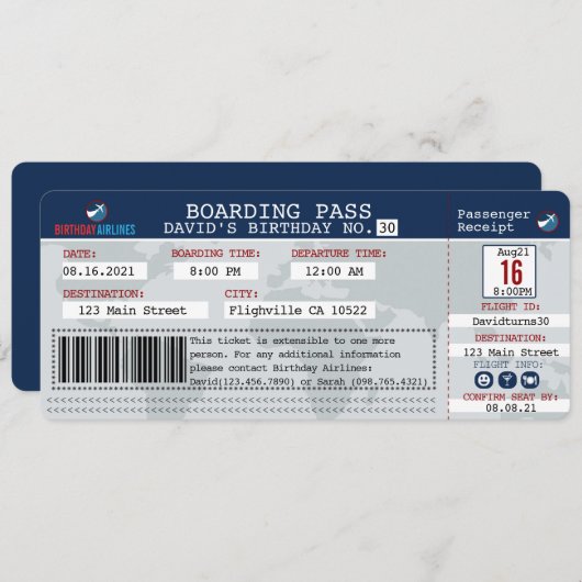 Boarding Pass Geburtstagsladen Einladung (Vorne/Hinten)