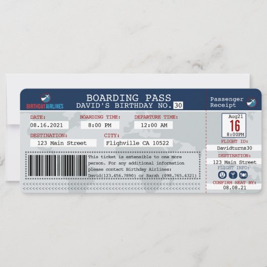 Boarding Pass Geburtstagsladen Einladung (Vorderseite)