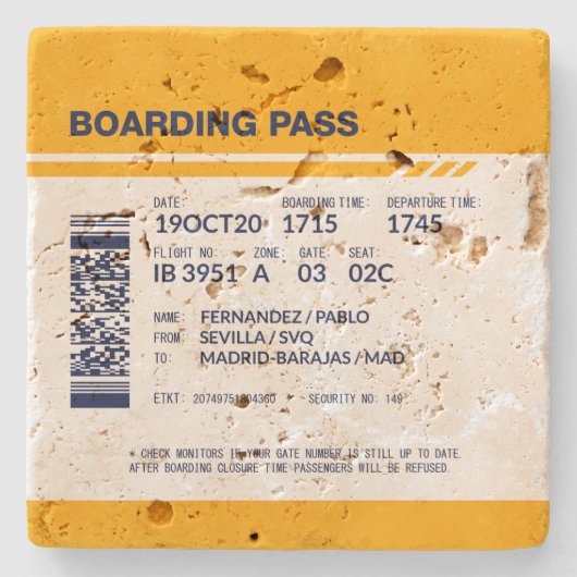 Boarding Pass - Gelb Steinuntersetzer (Vorderseite)