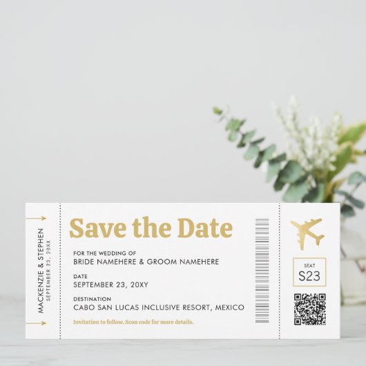 Boarding Pass Gold Hochzeit in Urlaubsort Save The Date (Stehend Vorderseite)