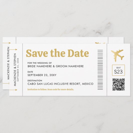 Boarding Pass Gold Hochzeit in Urlaubsort Save The Date (Vorne/Hinten)