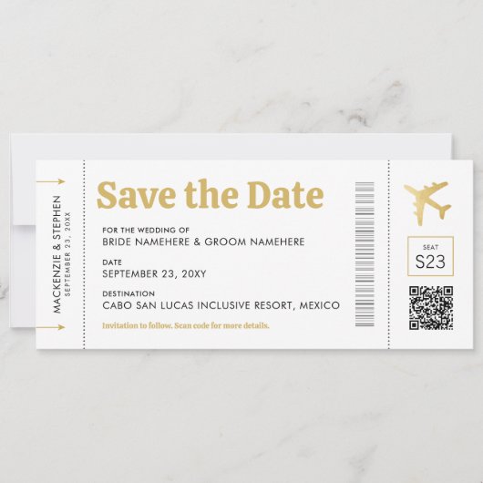 Boarding Pass Gold Hochzeit in Urlaubsort Save The Date (Vorderseite)