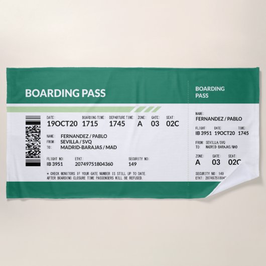 Boarding Pass - Green Strandtuch (Vorderseite)
