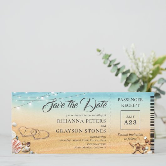 Boarding Pass Herz in Sand Save the Date lädt ein (Stehend Vorderseite)