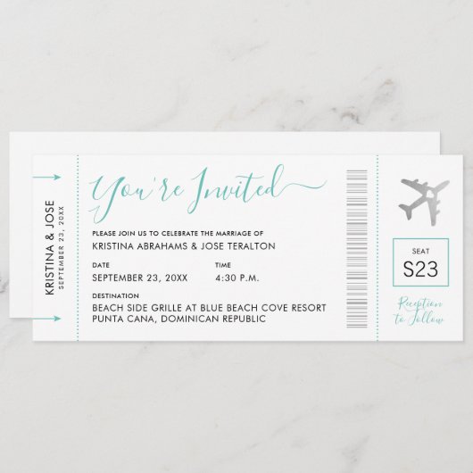 Boarding Pass Hochzeit in Urlaubsort Einladung (Vorne/Hinten)