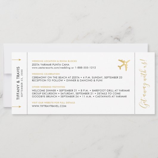 Boarding Pass Hochzeit in Urlaubsort Elegante Save The Date (Rückseite)