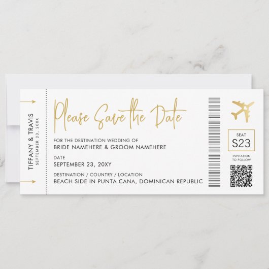 Boarding Pass Hochzeit in Urlaubsort Elegante Save The Date (Vorderseite)