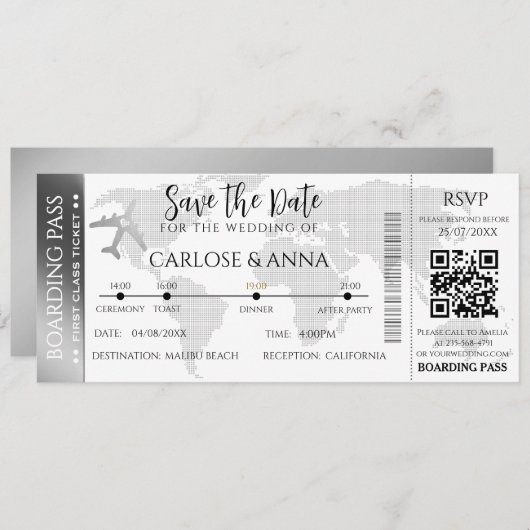 Boarding Pass Hochzeit in Urlaubsort QR-Code Einladung (Vorne/Hinten)