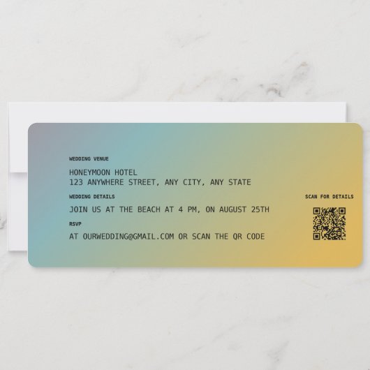 Boarding Pass Hochzeit in Urlaubsort QR-Code Einladung (Rückseite)