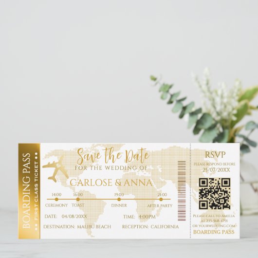 Boarding Pass Hochzeit in Urlaubsort QR-Code Einladung (Stehend Vorderseite)