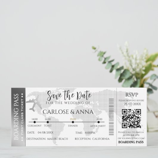 Boarding Pass Hochzeit in Urlaubsort QR-Code grau Einladung (Stehend Vorderseite)