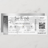 Boarding Pass Hochzeit in Urlaubsort QR-Code grau Einladung (Vorne/Hinten)