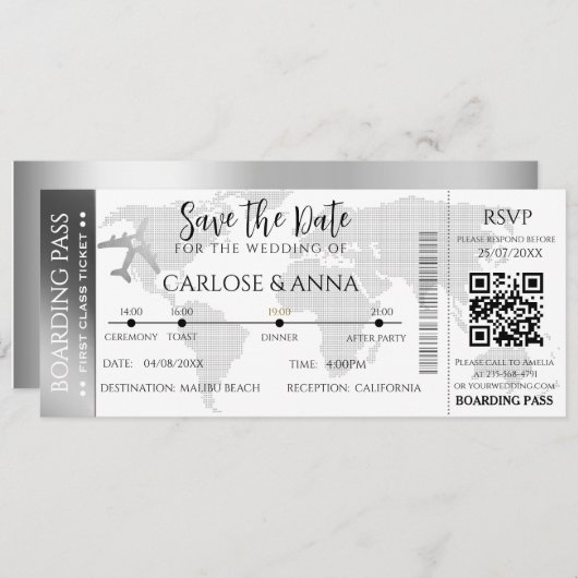 Boarding Pass Hochzeit in Urlaubsort QR-Code grau Einladung (Vorne/Hinten)