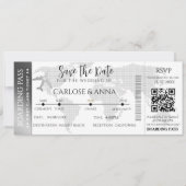 Boarding Pass Hochzeit in Urlaubsort QR-Code grau Einladung (Vorderseite)