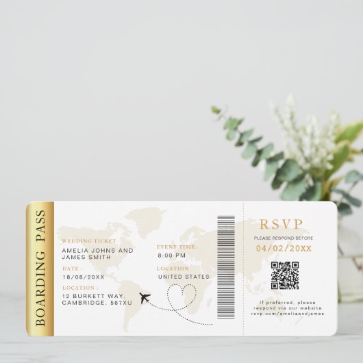 Boarding Pass Hochzeit in Urlaubsort QR-Code UAwg Einladung (Stehend Vorderseite)