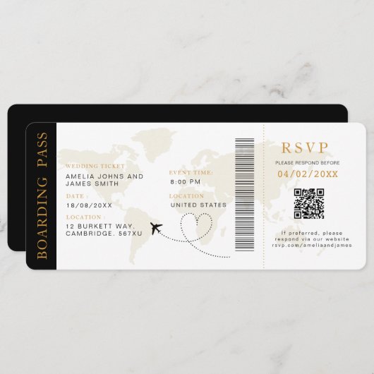 Boarding Pass Hochzeit in Urlaubsort QR-Code UAwg Einladung (Vorne/Hinten)