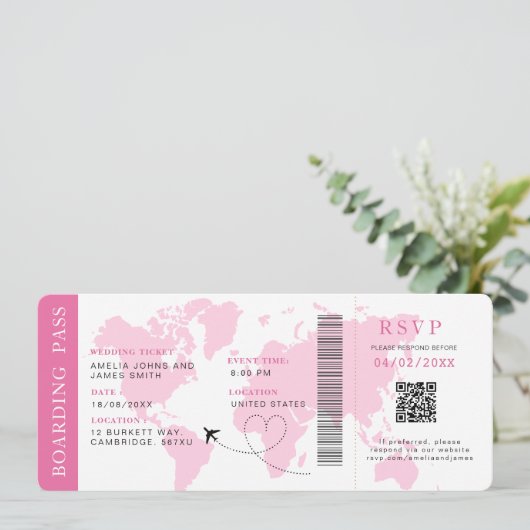 Boarding Pass Hochzeit in Urlaubsort QR-Code UAwg Einladung (Stehend Vorderseite)