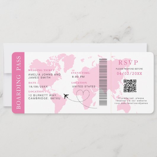 Boarding Pass Hochzeit in Urlaubsort QR-Code UAwg Einladung (Vorderseite)