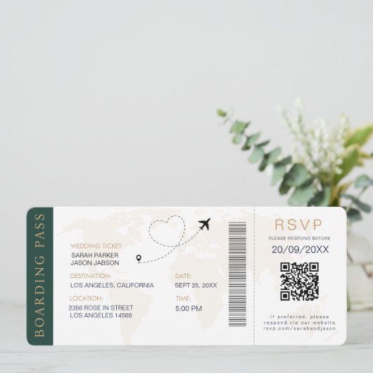 Boarding Pass Hochzeit in Urlaubsort QR-Code UAwg Einladung (Stehend Vorderseite)