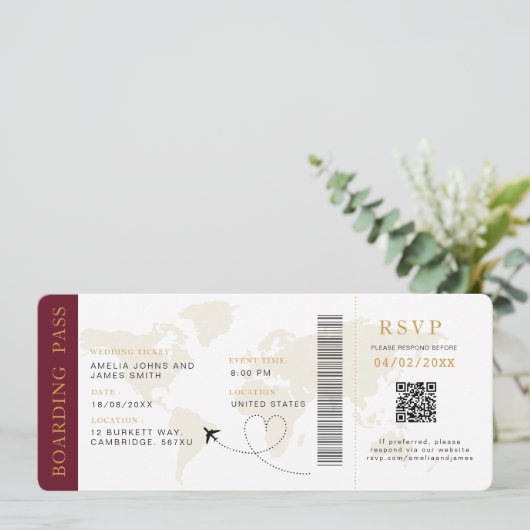 Boarding Pass Hochzeit in Urlaubsort QR-Code UAwg Einladung (Stehend Vorderseite)