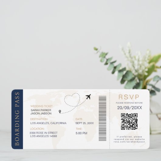 Boarding Pass Hochzeit in Urlaubsort QR-Code UAwg Einladung (Stehend Vorderseite)