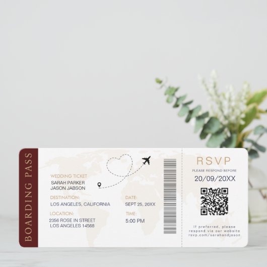 Boarding Pass Hochzeit in Urlaubsort QR-Code UAwg Einladung (Stehend Vorderseite)