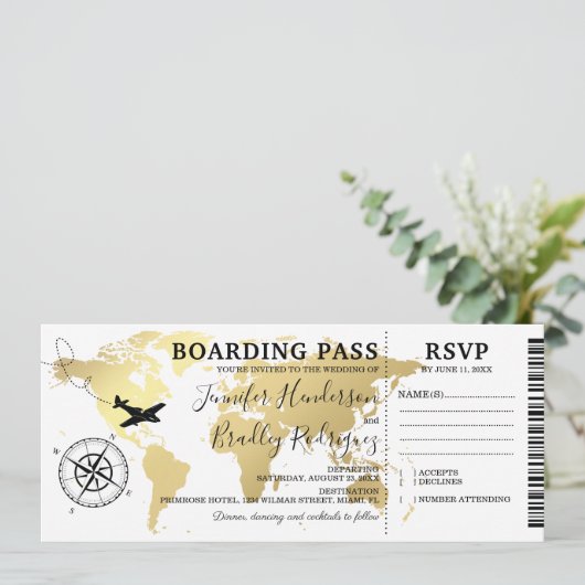Boarding Pass Hochzeit in Urlaubsort Weltkarte Einladung (Stehend Vorderseite)
