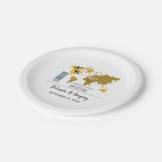 Boarding-Pass-Hochzeit Pappteller (Schrägansicht)