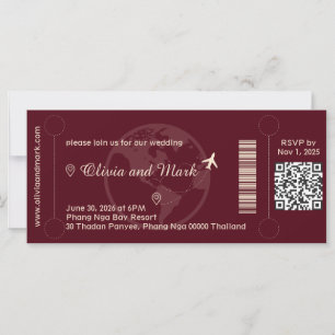 Boarding Pass Hochzeits-Einladung – Burgund & Cham