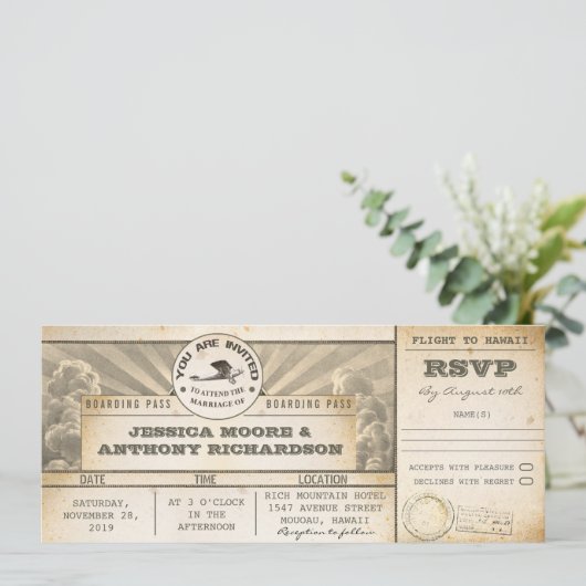 Boarding Pass Hochzeitstickets - Einladungen (Stehend Vorderseite)