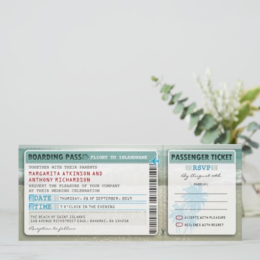 Boarding Pass Hochzeitstickets mit uAwg einladen Einladung (Stehend Vorderseite)