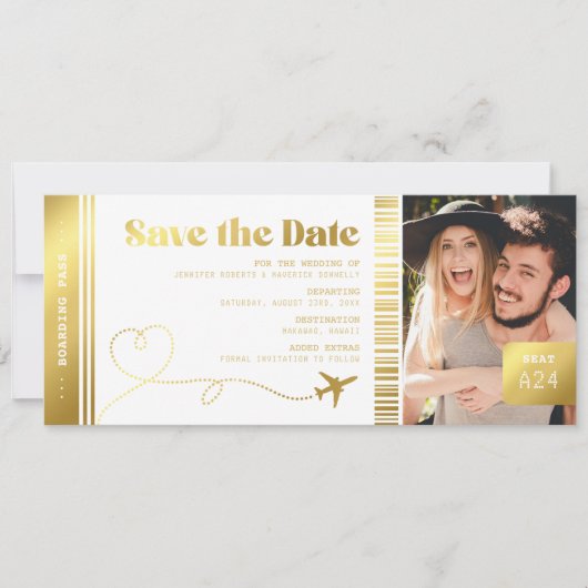 Boarding Pass Imitate Gold Save the Date Ticket (Vorderseite)