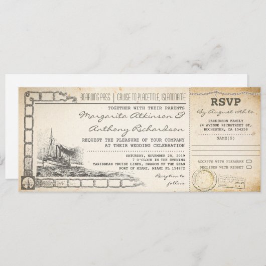 Boarding Pass Kreuzfahrt Hochzeit lädt mit uAwg ei Einladung (Vorne/Hinten)